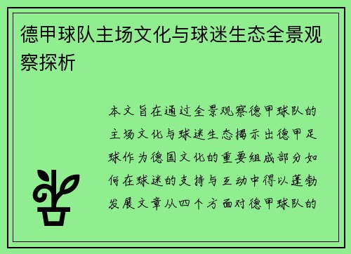 德甲球队主场文化与球迷生态全景观察探析