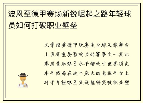 波恩至德甲赛场新锐崛起之路年轻球员如何打破职业壁垒